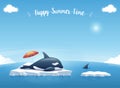 Orca or killer whale sleeping on the iceberg floating in a blue ocean with a message Ã¢â¬ÅHappy Summer TimeÃ¢â¬Â. Vector illustration.
